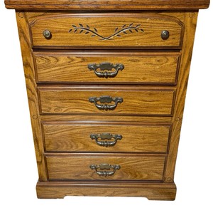 Oak 5-Drawer Chest of Drawers with Carved Detail & Brass-Tone Hardware