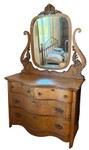 Antique Oak Serpentine Front Dresser with Ornate Mirror