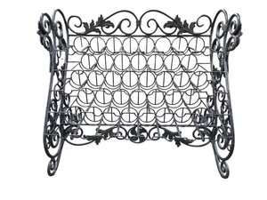 Ornate black wrought iron wine rack