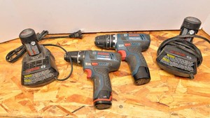 Two Bosch 12V Drills, Batteries & Two Chargers