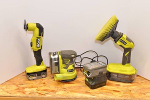 Three Ryobi 18V Tools with 4 Batteries & Charger