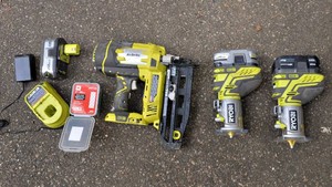 Three Ryobi 18V Tools with Batteries & Charger - Fixed Base Trim Router and AirStrike