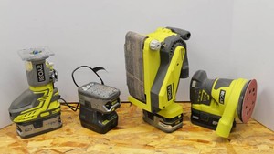 Three Ryobi 18V Tools with 4 Batteries & Charger - Orbit Sander, Fixed Base Trim Router & Belt Sander