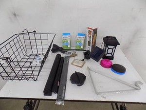 Household items. Wire basket  solar lights  Handheld pinpointer  RV cap  RV shade Shelf bracket.