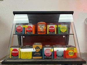 Nice Collection of Vintage Advertising Gunpowder Tins  Cans in Very Nice Store Display Cabinet