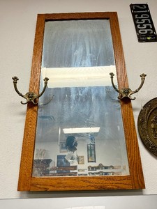 Quality Antique Oak Beveled Hall  Entryway Mirror wHat or Coat Racks