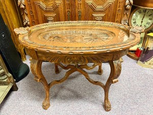 Ornate Vintage Carved Oval Side Table wLift Top Tray