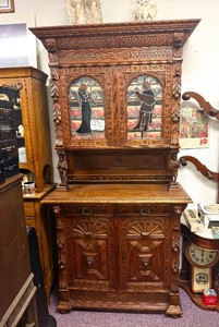 Lovely Ornate Antique Carved Hutch wStained Glass&nbsp