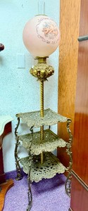 Wonderful Antique Ornate Brass Lamp Table wPink Glass Globe