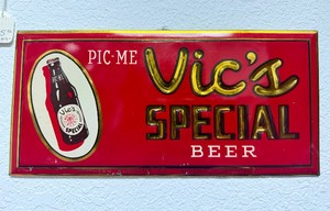 Vintage 1930s era VICS Special Beer Tin over Cardboard Advertising Sign