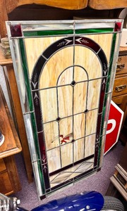 Vintage Leaded Stained Glass Window wArrow Design &amp Faceted Gems in corners (AS IS)