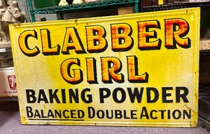 Large Vintage Embossed Tin CLABBER GIRL Baking Powder Advertising Sign