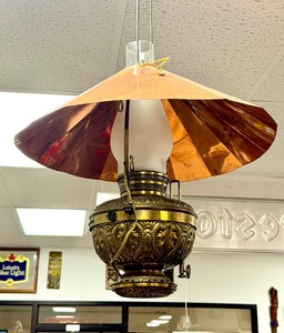 Ornate 19th Century Hanging Brass Parlor Lamp wAdded Copper Shade