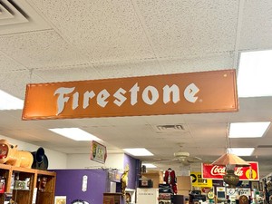 Large Vintage Embossed Metal FIRESTONE Service Station Advertising Sign