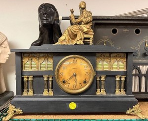 Excellent Working Ornate Antique Ingraham Mantle Clock wSpelter Figural Sculpture&nbsp