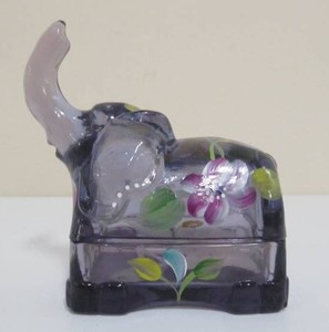 Hand Painted FENTON Amethyst Glass Elephant Trinket Box