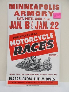Original Vintage Minneapolis Motorcycle Races Cardboard Advertising Poster
