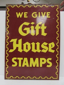 Vintage GIFT HOUSE STAMPS Metal Advertising Sign #1 - Double Sided