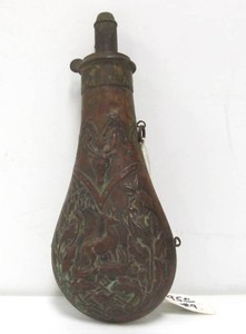 Early Antique Embossed Copper Gun Powder Flask wHunting Design