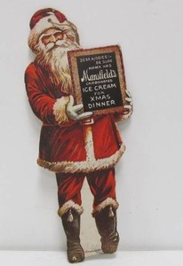 Original Early 1900s Christmas Santa Claus Cardboard Hanger Sign for Mansfields Carbonated Ice Cream