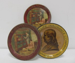 3 Original 1920s era tinMetal Advertising Tip Trays with 2 Globe-Wernicke Lawyers Bookcase Trays