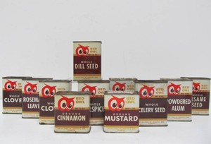 Lot of 11 Vintage Metal RED OWL Spice Tins