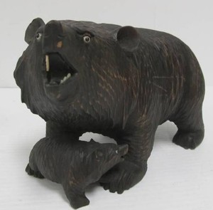 Vintage Japanese Carved Wood Bear w Cub&nbsp