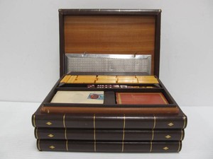 Very Nice Old Vintage Wooden Game Box wCards Dice Dominos &amp Poker chips&nbsp