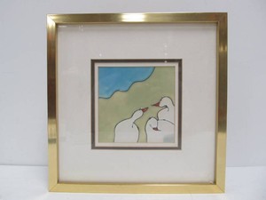 Original Vintage Brass Framed Art Pottery Tile wDucks or Geese by Harris Strong