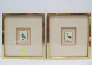 Pair of Original Vintage Brass Framed Art Pottery Tiles wDucks or Geese by Harris Strong