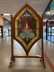 Large Vintage Leaded &amp; Stained Glass "Shield-Form" Window w/Rolling Stand