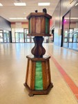 Wonderful Vintage Lighted Stained Glass &amp; Wood Smoking Stand w/Hand Hammered Copper Tray&nbsp;