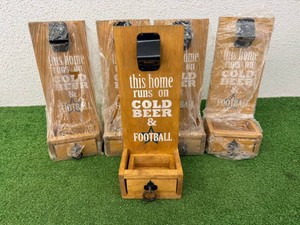 5 New Man Cave Wooden Bottle Openers - Cold Beer & Football