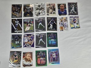 Lot of 20 Minnesota Vikings Football Cards Featuring Adrian Peterson, Randy Moss, and JJ McCarthy with Rookie Cards and Special Features