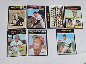 Lot of 7 Vintage Baseball Cards Featuring Curt Flood, Joe Morgan, Mickey Lolich, and ERA Leaders from the 1970 American League.