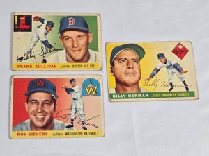 Lot of 3 Vintage 1955 Baseball Cards Featuring Frank Sullivan, Roy Sievers, and Billy Herman from Topps Baseball Card Collection