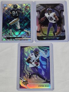 Lot of 3 Minnesota Vikings Football Cards Featuring Justin Jefferson, Stefon Diggs Numbered 121149, and Randy Moss