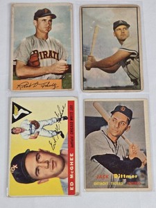 Lot of 4 Vintage 1950s Baseball Cards Featuring Gus Zernial, Jack Dittmer, Bob Schultz, and Ed McGhee.