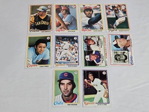 Lot of 10 Vintage MLB Stars Baseball Cards Featuring Players from the 1970s and 1980s including Dave Winfield, Pete Rose, Fergie Jenkins, Mark Fidrych, Tony Perez, Ron Guidry, Dave Kingman, and Jack Clark