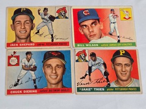 Lot of 4 Vintage 1955 Topps Baseball Cards Featuring Jack Shepard, Bill Wilson, Chuck Diering, and Jake Thies