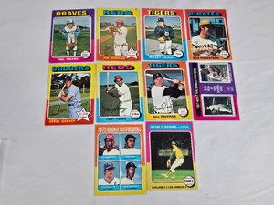 Lot of 10 Vintage Baseball Cards Featuring Star Players Like Steve Garvey, Phil Niekro, and Joe Morgan - Includes 1975 Topps and World Series Highlights.