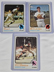 Lot of 3 Minnesota Twins Vintage Baseball Cards from 1973 featuring Jim Kaat, Bert Blyleven, and Harmon Killebrew