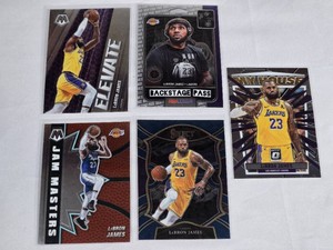 Lot of 5 LeBron James Basketball Cards featuring Select, Face of the Franchise, My House, Elevate, and Jam Masters cards.