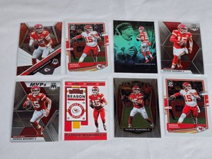Lot of 8 Patrick Mahomes II Football Cards featuring various brands and styles including Panini Contenders, Optic, and Select