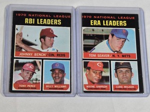 Lot of 2 Vintage 1970 Topps RBI and ERA League Leaders Baseball Cards Featuring Johnny Bench, Tony Perez, and Tom Seaver