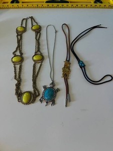 VTG Costume Jewelry - Scarab Necklace, Turtle Pendant & 2 Bolo Ties Mixed Lot