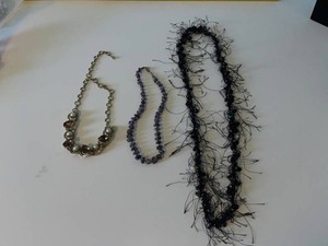 VTG Costume Jewelry Necklaces - Gold-Tone, Purple Bead & Black Multi-Strand (Lot of 3)
