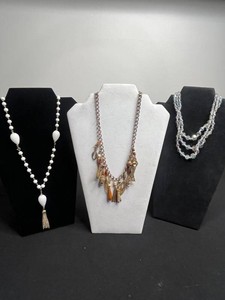 VTG Costume Jewelry Necklaces - White Beaded, Charm & Crystal (Lot of 3)