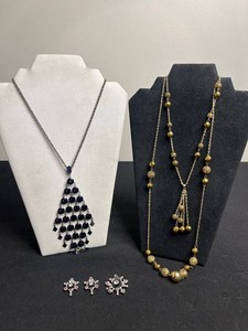 VTG Costume Jewelry Mixed Lot - Black & Gold Necklaces, Rhinestone Matching Earrings & Pendant Pieces