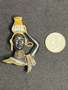 VTG Figural Brooch - Egyptian Revival Woman Gold-Tone Black Enamel